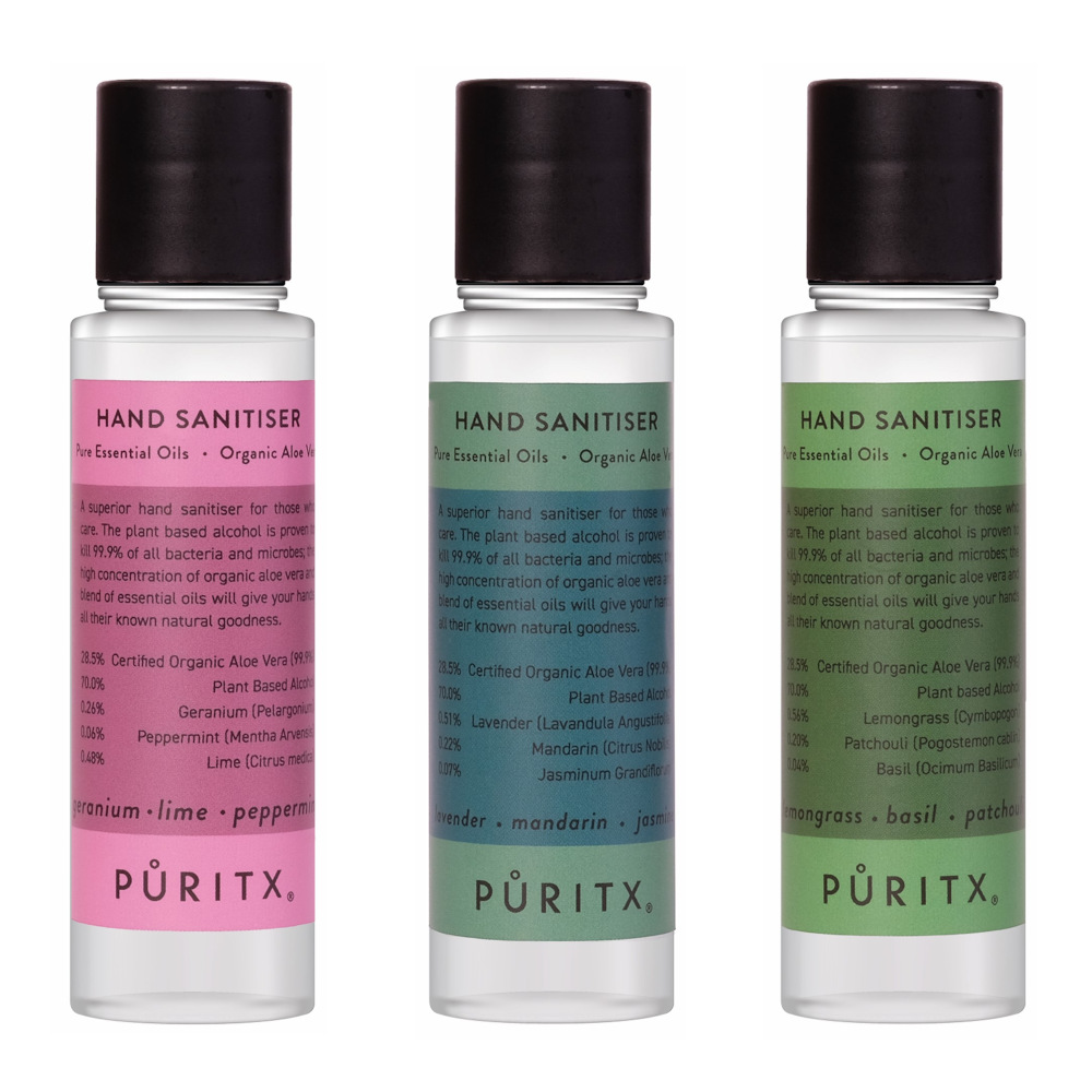 Puritx Set Of 3 Organic Zingy Mixed 60ml Travel Size Essential Oils & Aloe Vera Vegan Hand Sanitisers