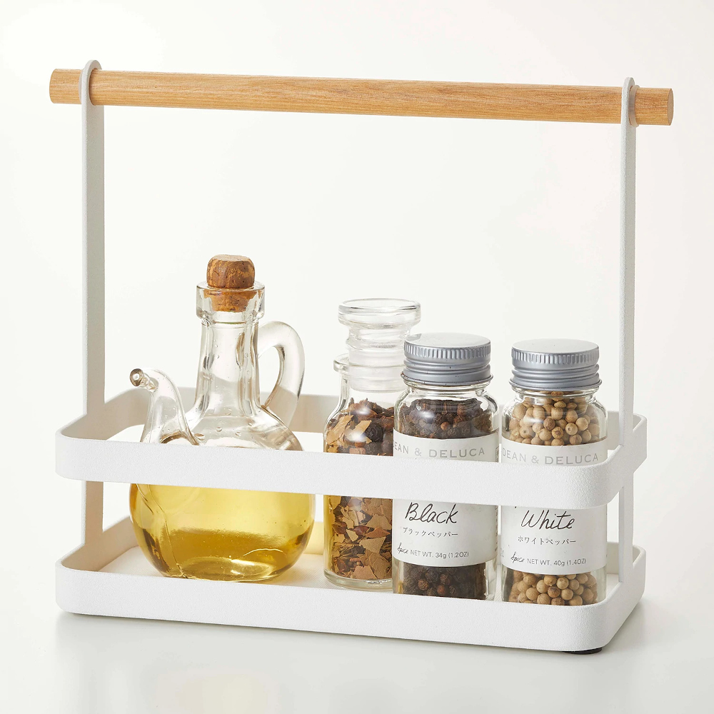 Yamazaki Tosca Seasoning Spice  &  Condiment Carry Rack With Wooden Handle In White