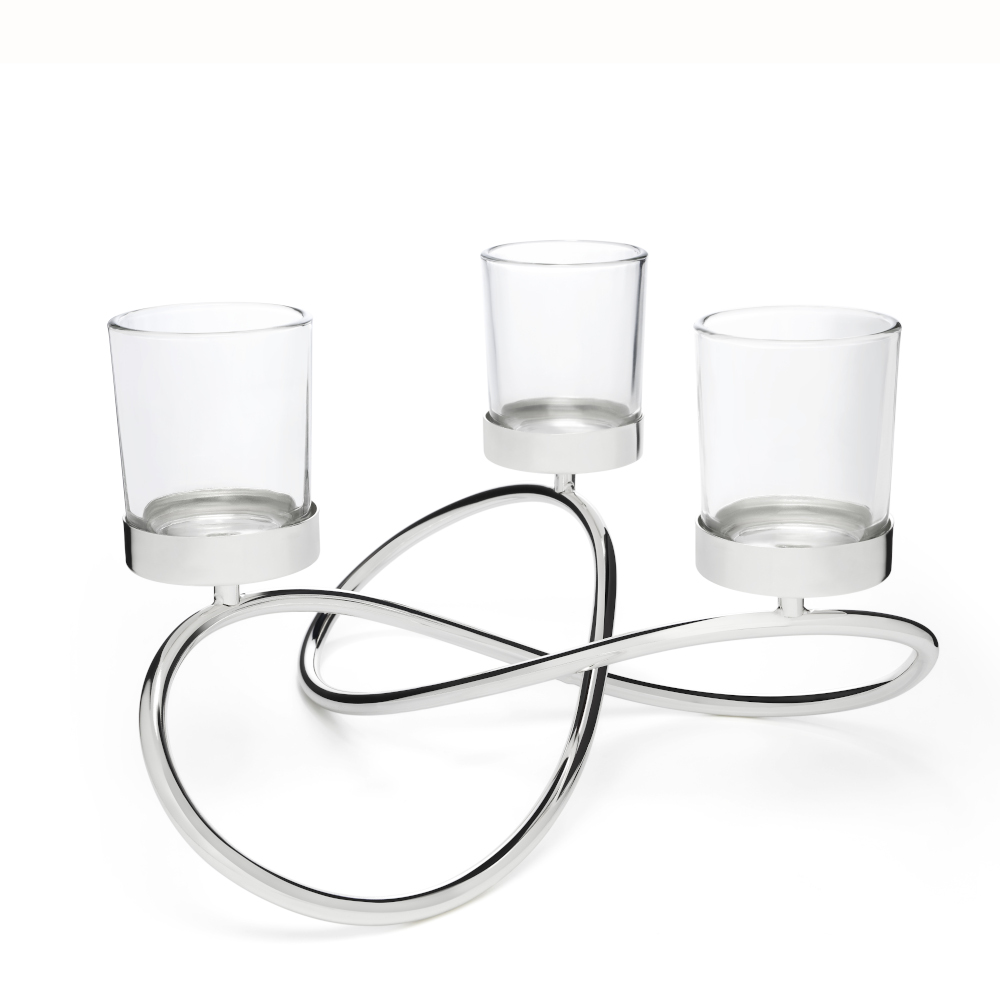 Zilverstad Tealight Holder Infinity Design In Lacquered Silver Plate Finish With Glass 3 Arms