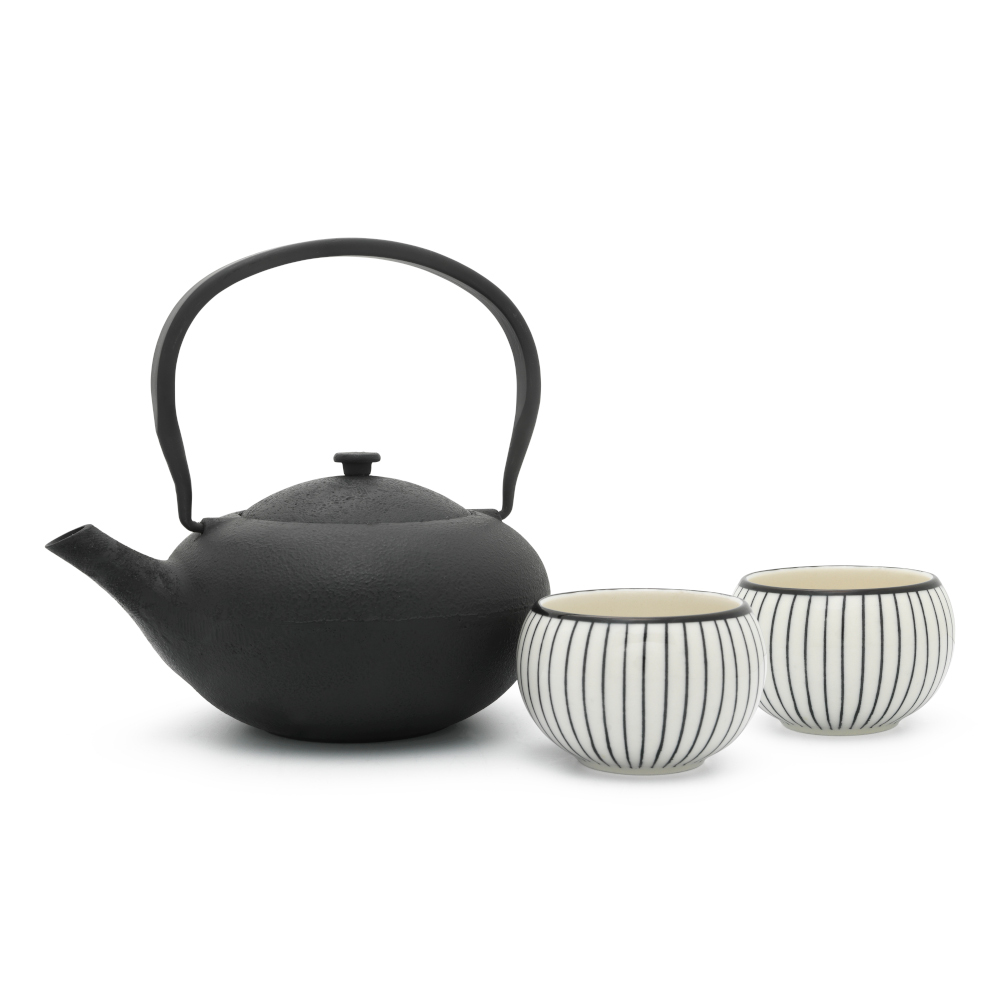 Bredemeijer Gift Set With Shanxi Design Teapot 1.0l In Black Cast Iron With 2 Porcelain Black & White Mugs