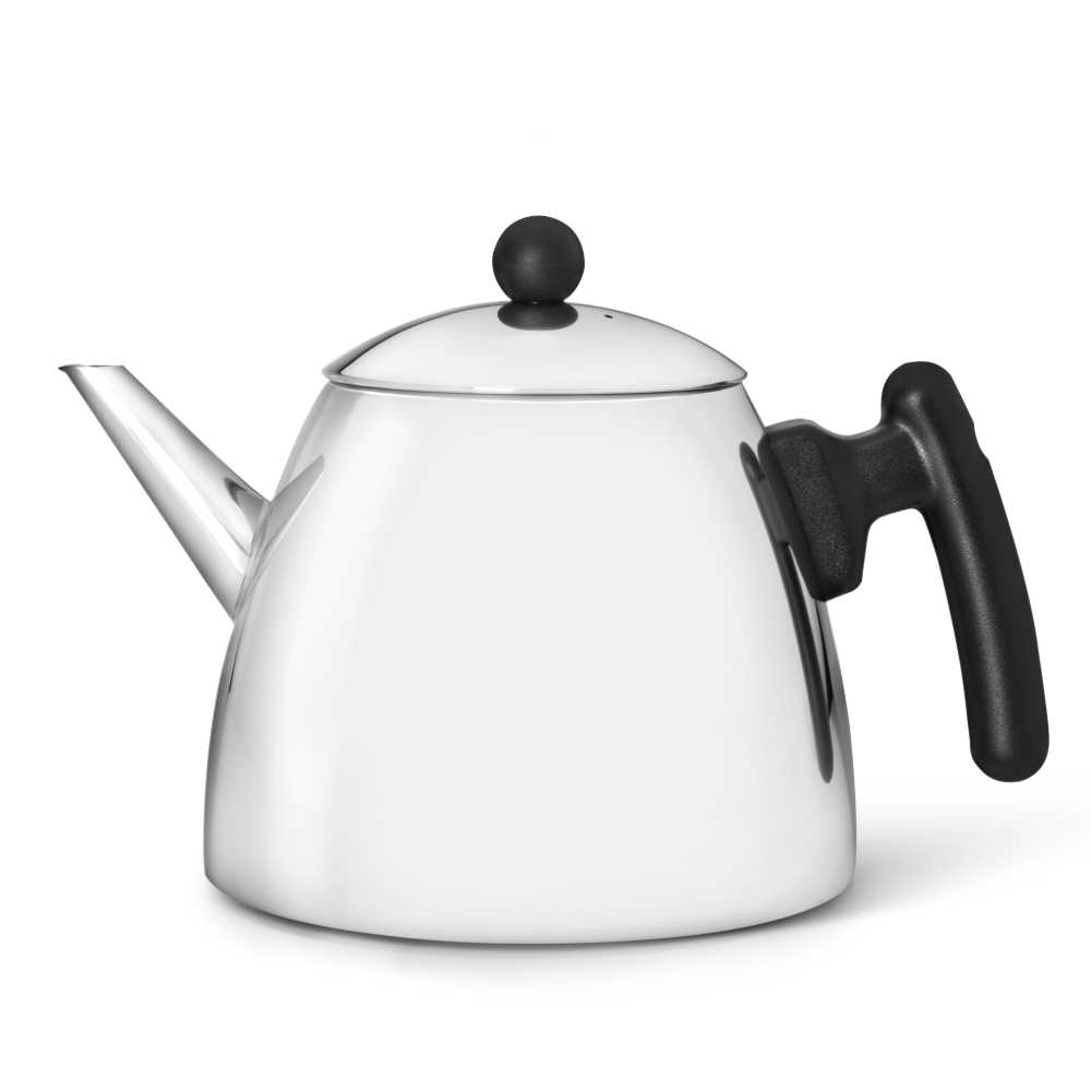 Bredemeijer Teapot Double Wall Duet Classic Design 1.2l In Polished Steel Flat Base With Black Fittings