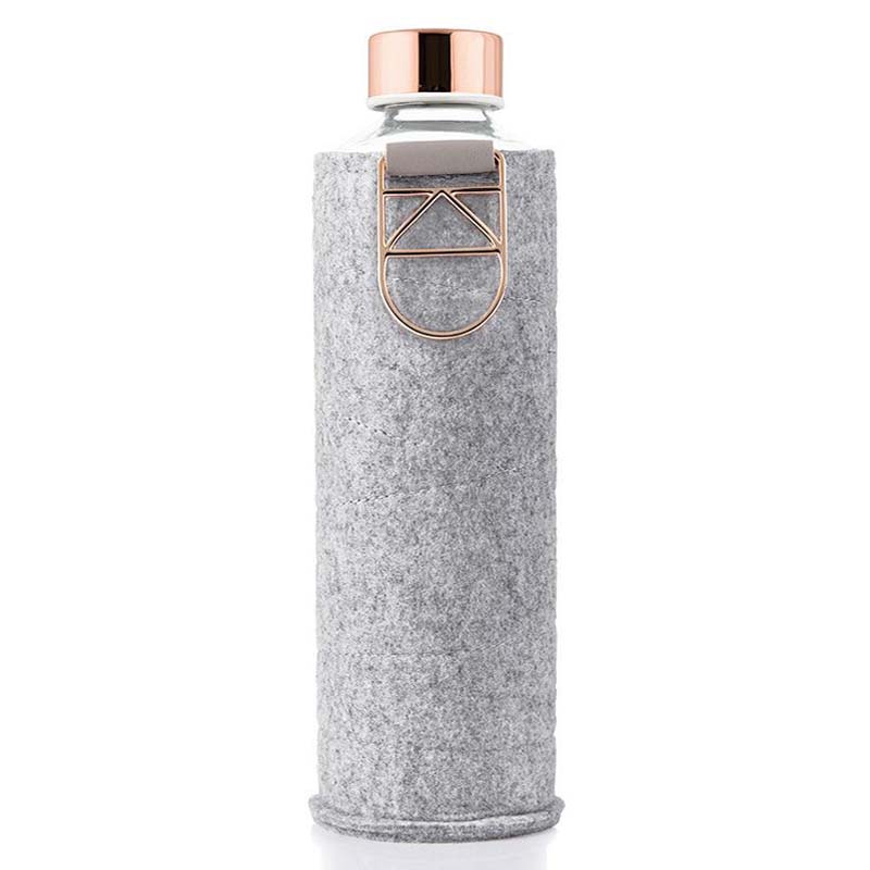 Equa Easy Clean Water Bottle Tough Glass 750ml Mismatch Grey Felt Cover Rose Gold