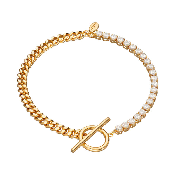 Tennis & Curb Bracelet With T Bar Clasp - Gold