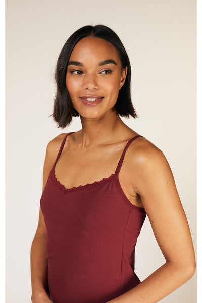 Burgundy Top With Hidden Bra And Lace Trim