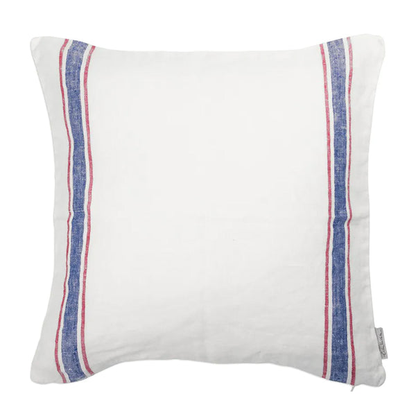 TUSKcollection White Linen Cushion With Red And Blue Stripe 40 X 40