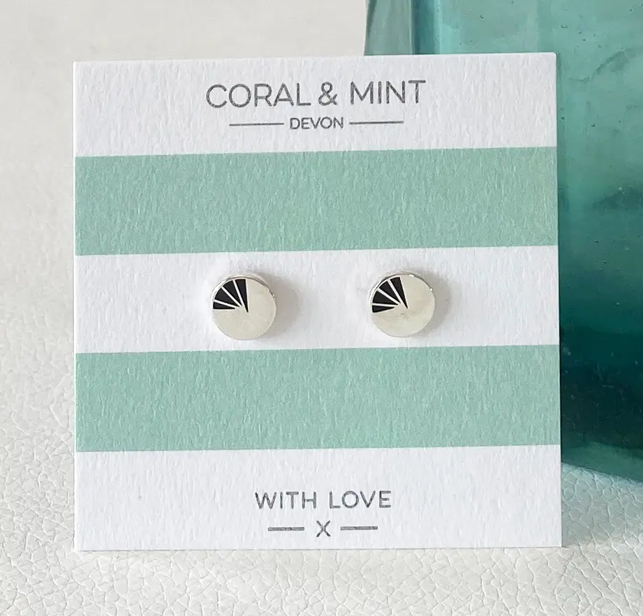 Coral & Mint Art Deco Black Enamel Circle Earrings
