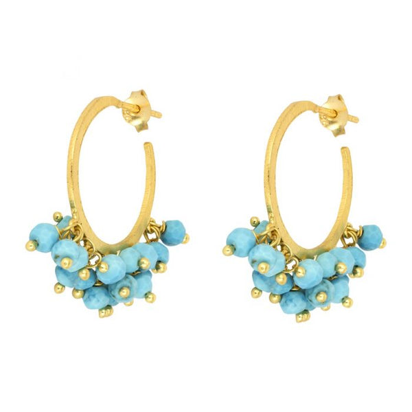 Ashiana Marina Hoop Earrings In Gold With Turquoise Gemstone Bead Cluster