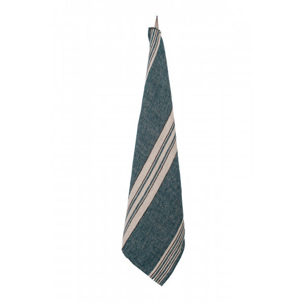 Washed Linen Natural Stripe Tea Towel - Prussian Blue