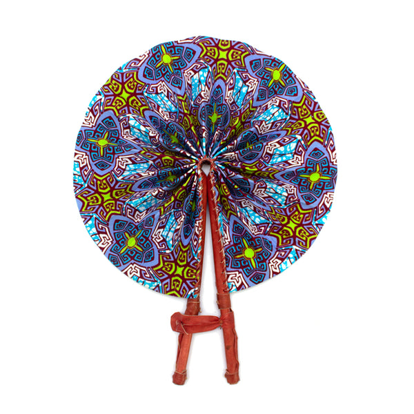 Ghanaian Wax Cotton & Leather Fan 'Zanzibar&#x27