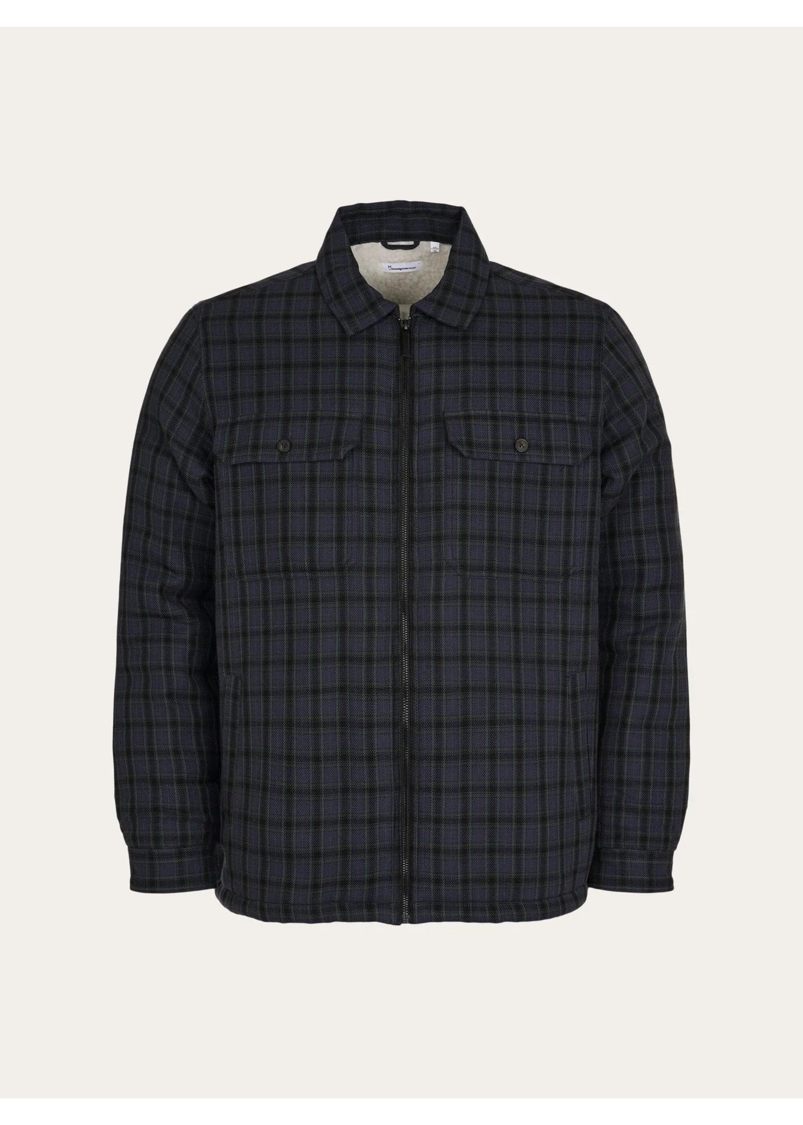 Knowledge Cotton Apparel  Teddy Lining Checked Overshirt - Trekking Green