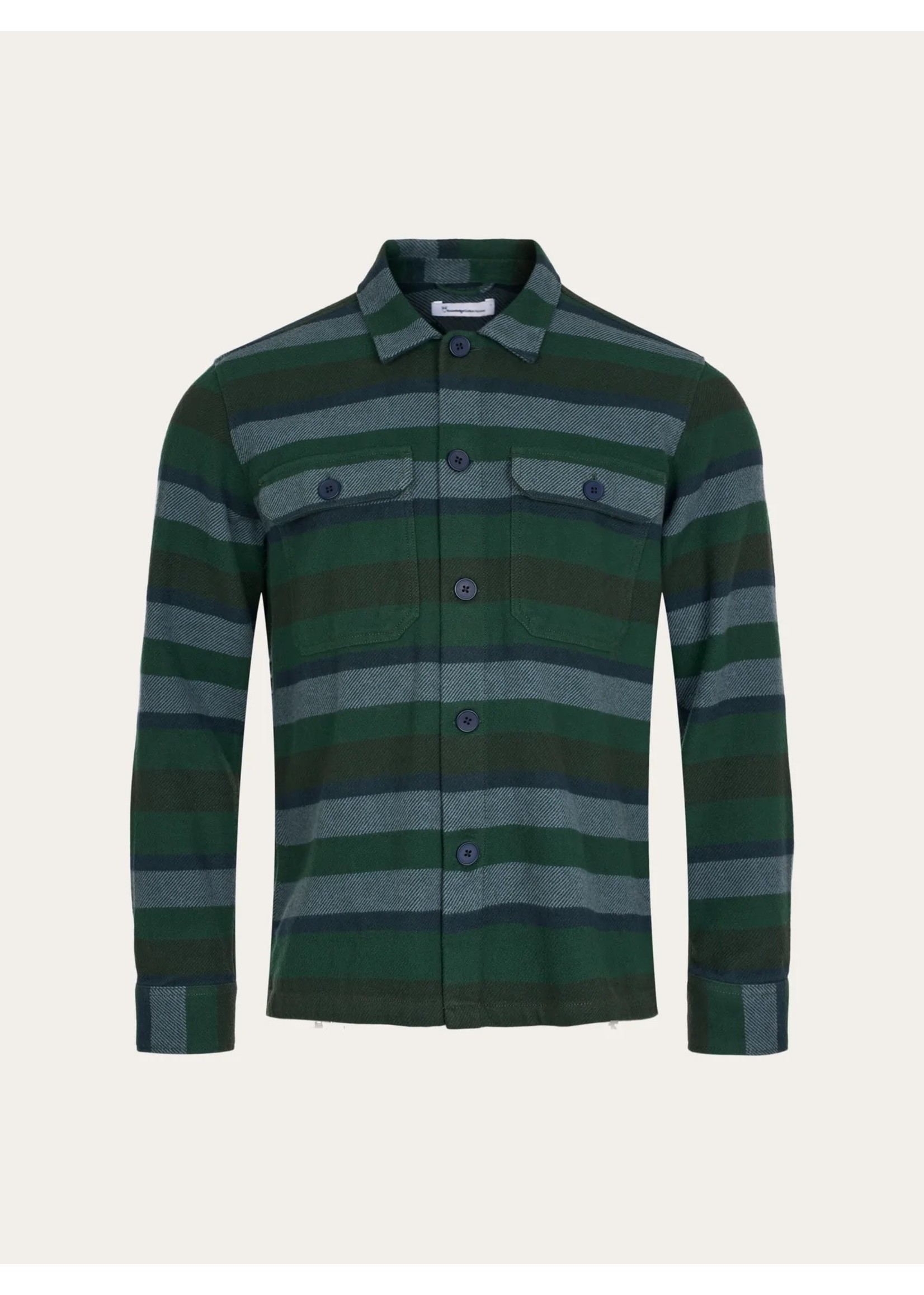 Knowledge Cotton Apparel  Heavy Flannel Striped Overshirt - Trekking Green