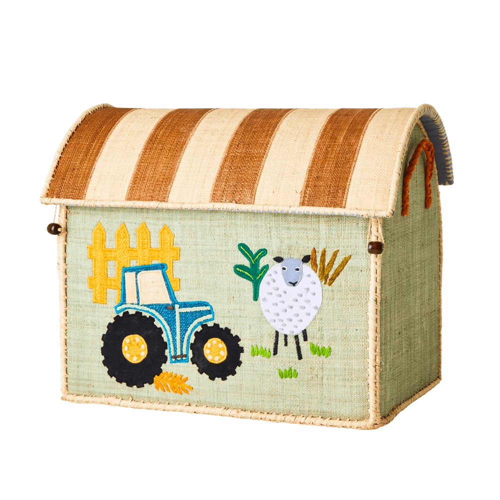 rice Medium Farm Theme Green Sheep Raffia Play & Toy Storage Basket - Rice Dk