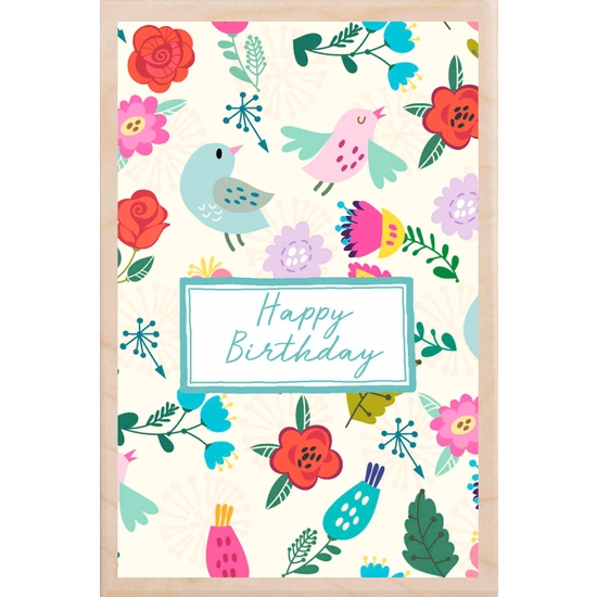 Happy Birthday Flowers and Birds Wooden Postcard