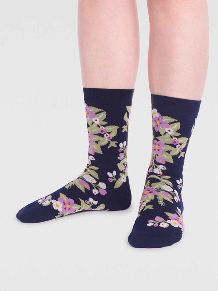 Arya Bamboo Floral Socks - Navy