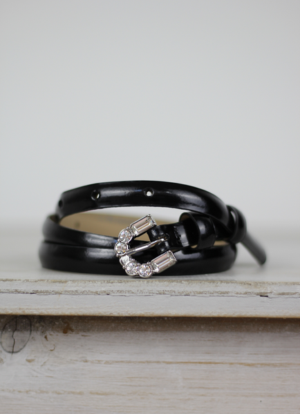 Leather Belt Black/nickel Patent Jewelled