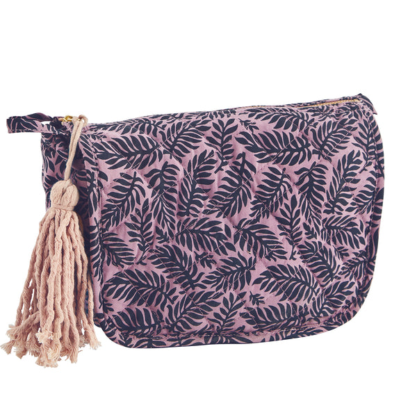 Small Purple Midnight Blue and Rose Fern Block Printed Washbag with Tassel