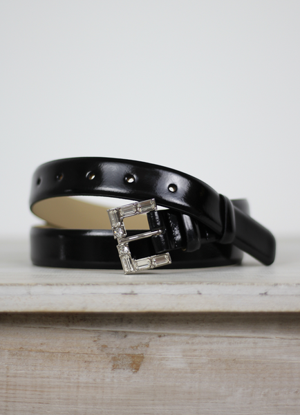 Medium Leather Belt Black/nickel Patent Jewelled