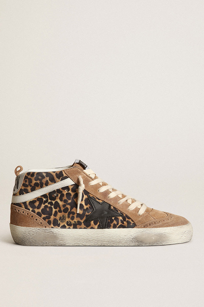 Golden Goose Mid Star Leo Golden Star Printed Suede Upper Leather Star Nappa Wave Suede Spur Laminated Heel