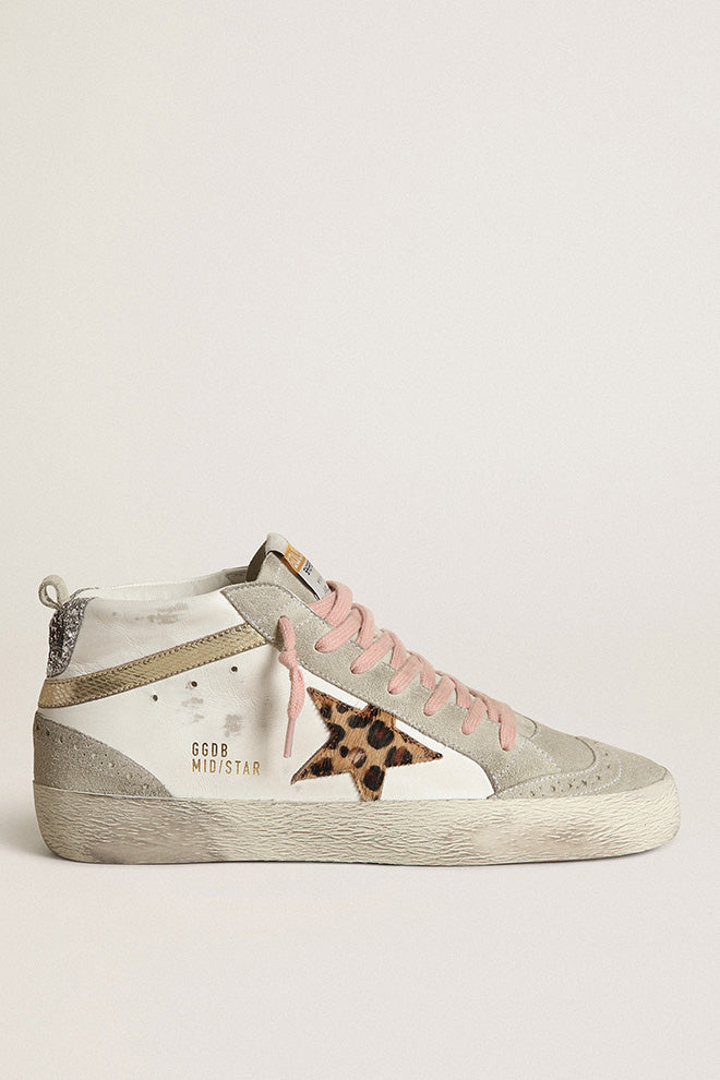 Golden Goose Deluxe Brand Golden Goose Mid Star Leather Upper Suede Toe And Spur Mini Leo Star Mini Viper Print Wave Glitter Heel