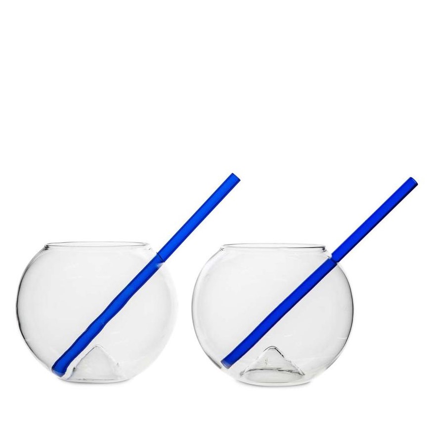 ByOn Set of 2 Clear Glass with Blue Straw