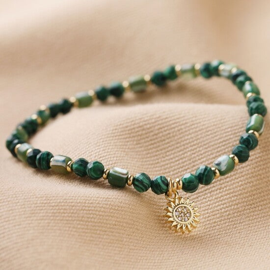 Malachite & Aqua Semi-precious Stone Bracelet With Sun Charm