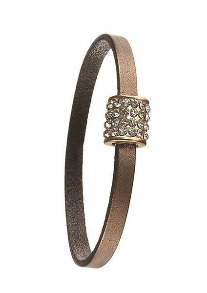 Crys Barrel Clasp Bracelet In Leather - Metallic Mocha