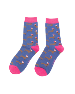 Sausage Dog Santa Socks Denim