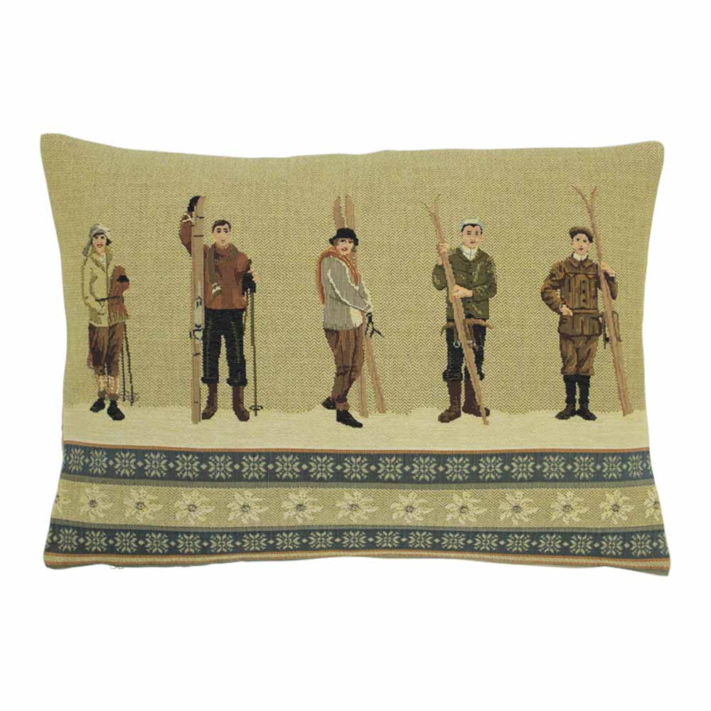 Vintage Skiers Flat Embroidered Cushion