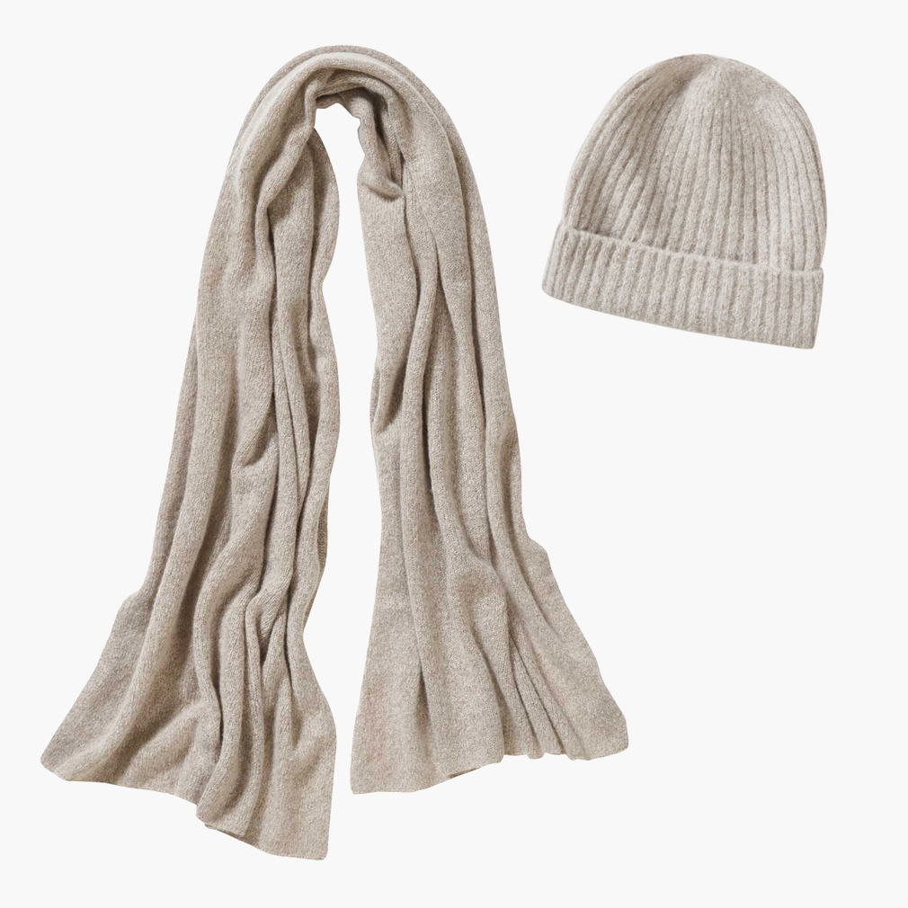 Scarf + Beanie Set Made from Cashmere Wool - Light Beige