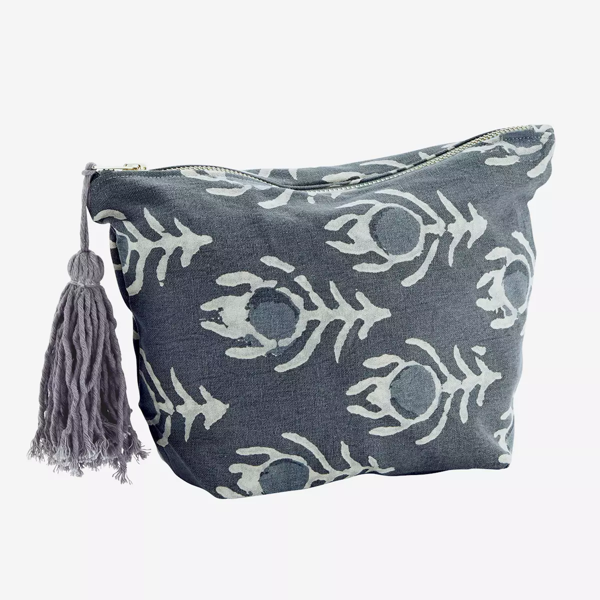 Off White and Blue Printed Washbag with Tassel