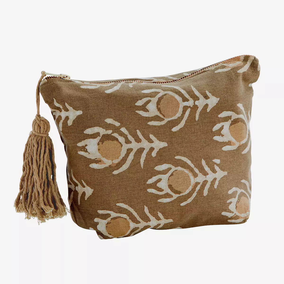 Off White and Camel Printed Washbag with Tassel