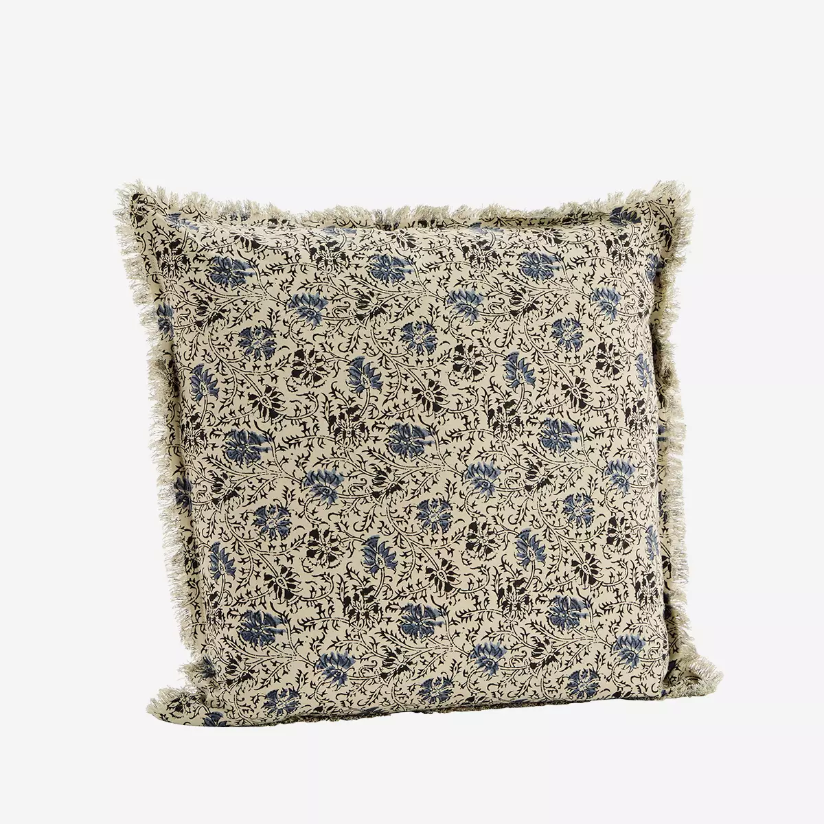 Madam Stoltz Beige Blue Printed Cushion Cover with Fringes