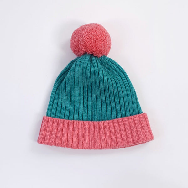 Crosswise Ribbed Beanie With Pom - Lipstick & Shamrock