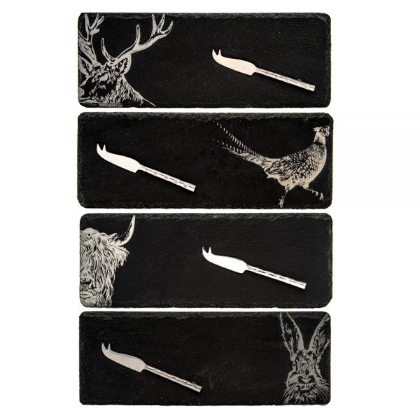 Mini Country Animals Slate Cheese Board and 4 Knife Set