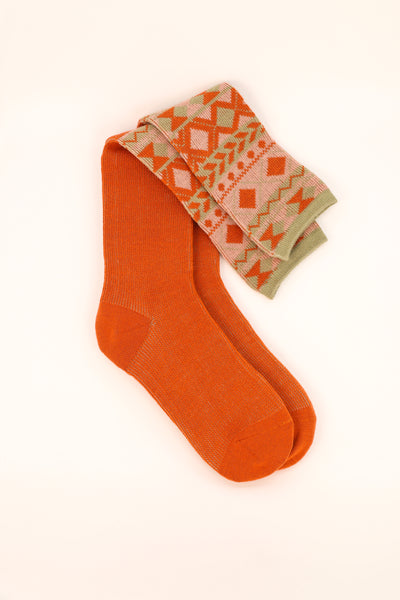 Powder Fair Isle Diamond Boot Socks In Sage/tangerine