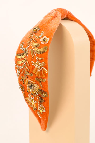 Powder Velvet Embellished Headband In Tangerine