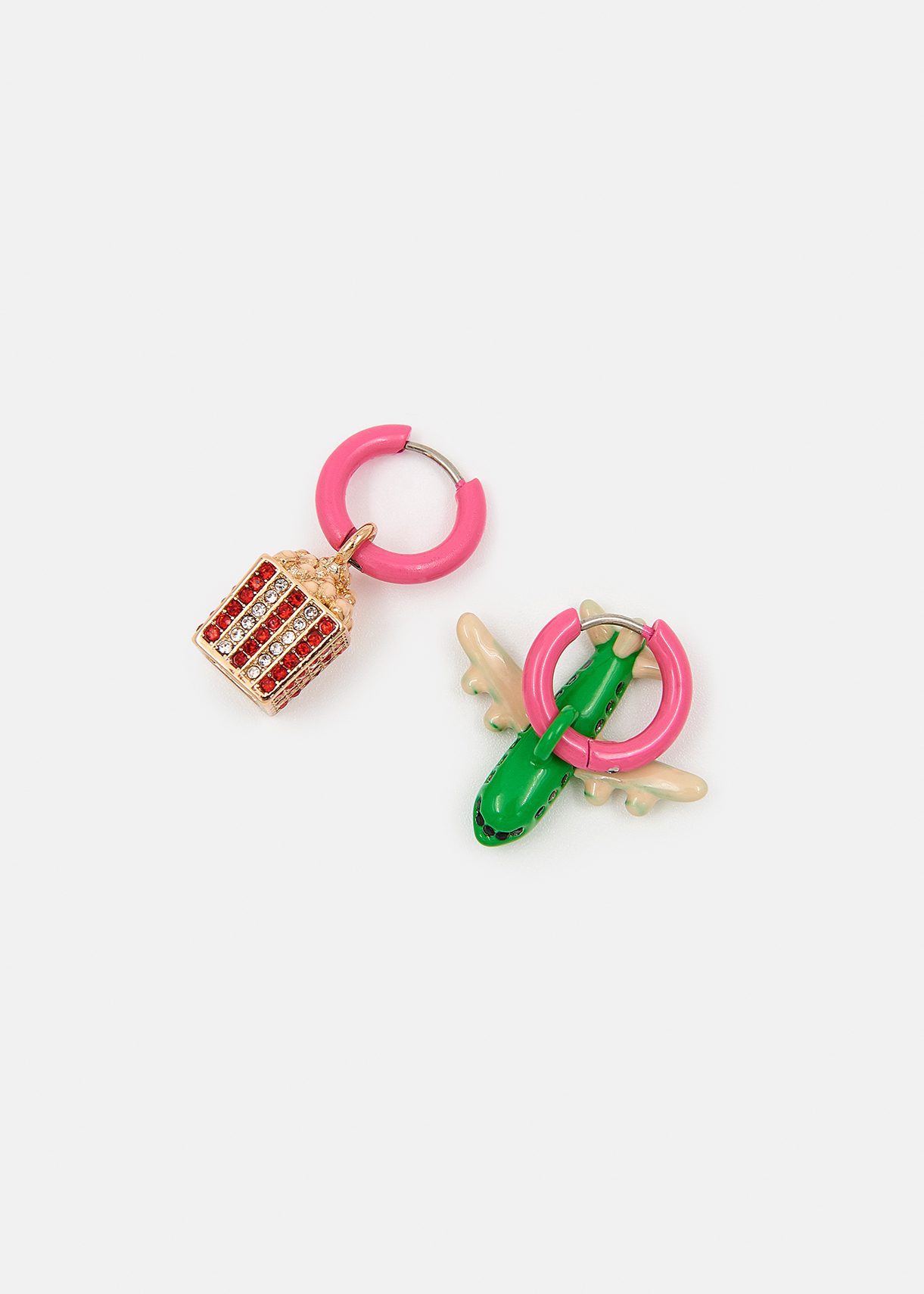 Essentiel Antwerp Pink and Green Colanda Earrings with Airplane and Popcorn Pendants