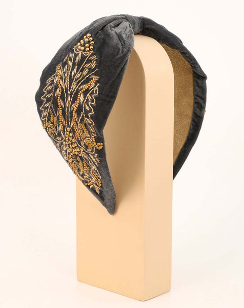 Embellished Wide Velvet Headband - Charcoal