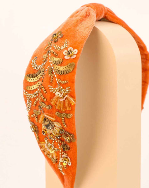 Embellished Velvet Headband In Tangerine