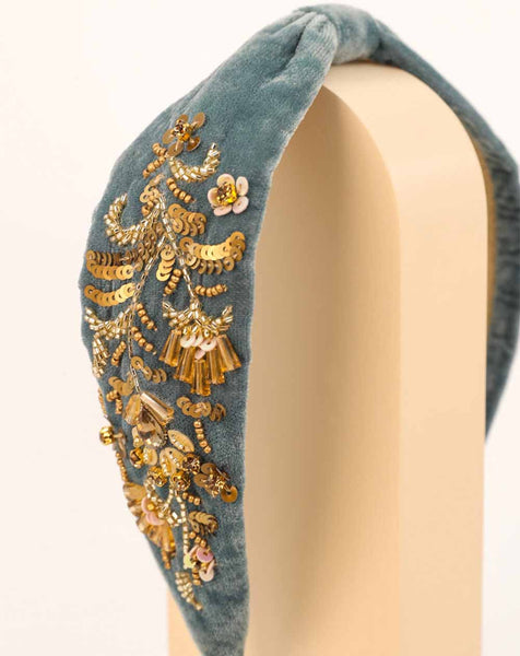 Embellished Velvet Headband In Denim