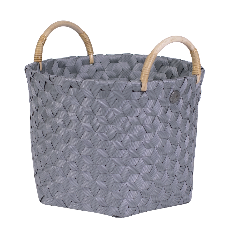 Handed By Dimensional Open Round Storage Basket In Dark Grey Size Small With Rattan Handles