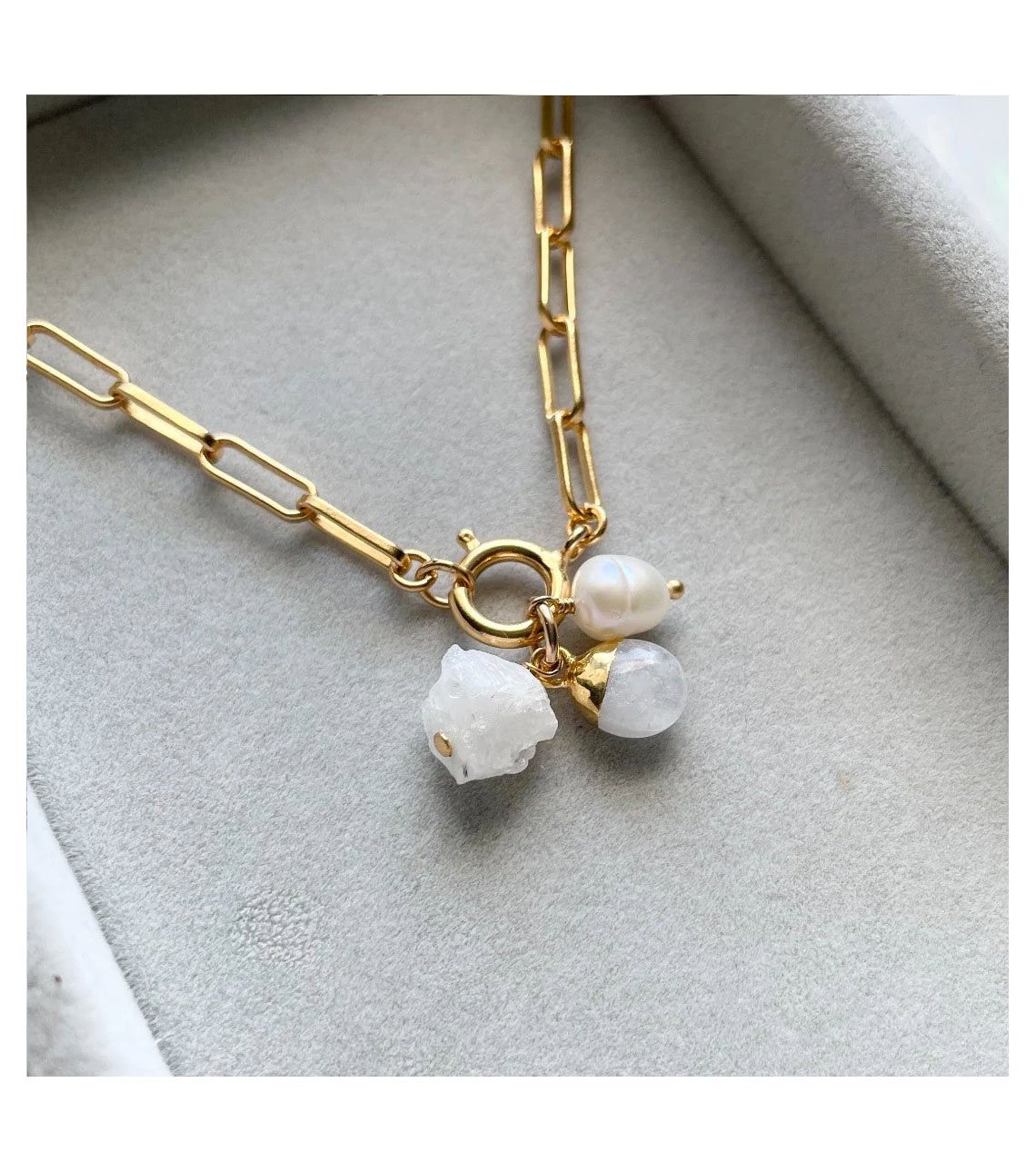 White and Gold Moonstone and Pearl Triple Necklace