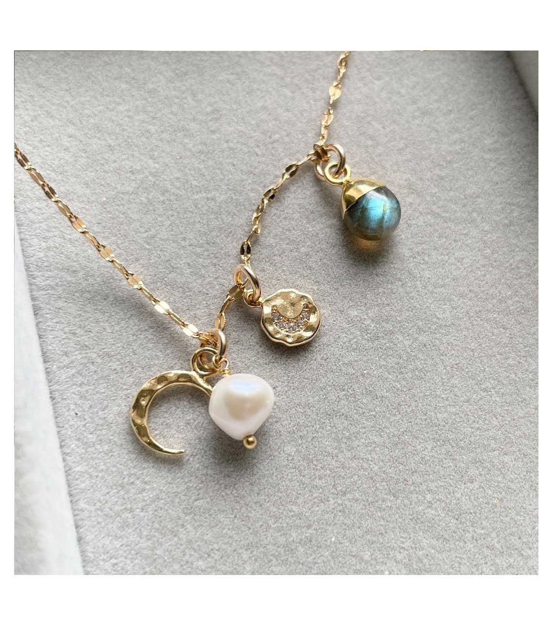 Gold and Green Labradorite Tumbled Moon Charm Necklace