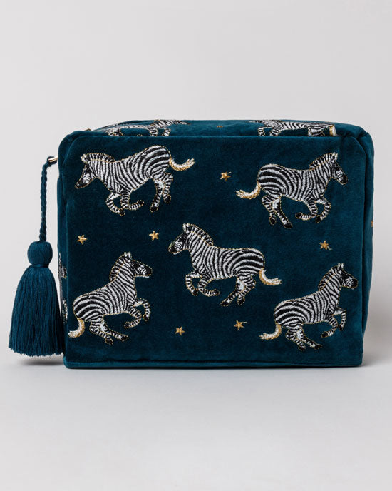 Zebra Teal Velvet Wash Bag