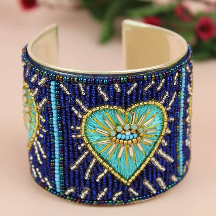 Blue Heart Beaded Cuff