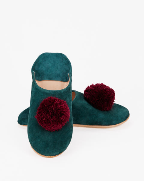 Layou Craft Moroccan Slippers, Teal/red Pom Poms