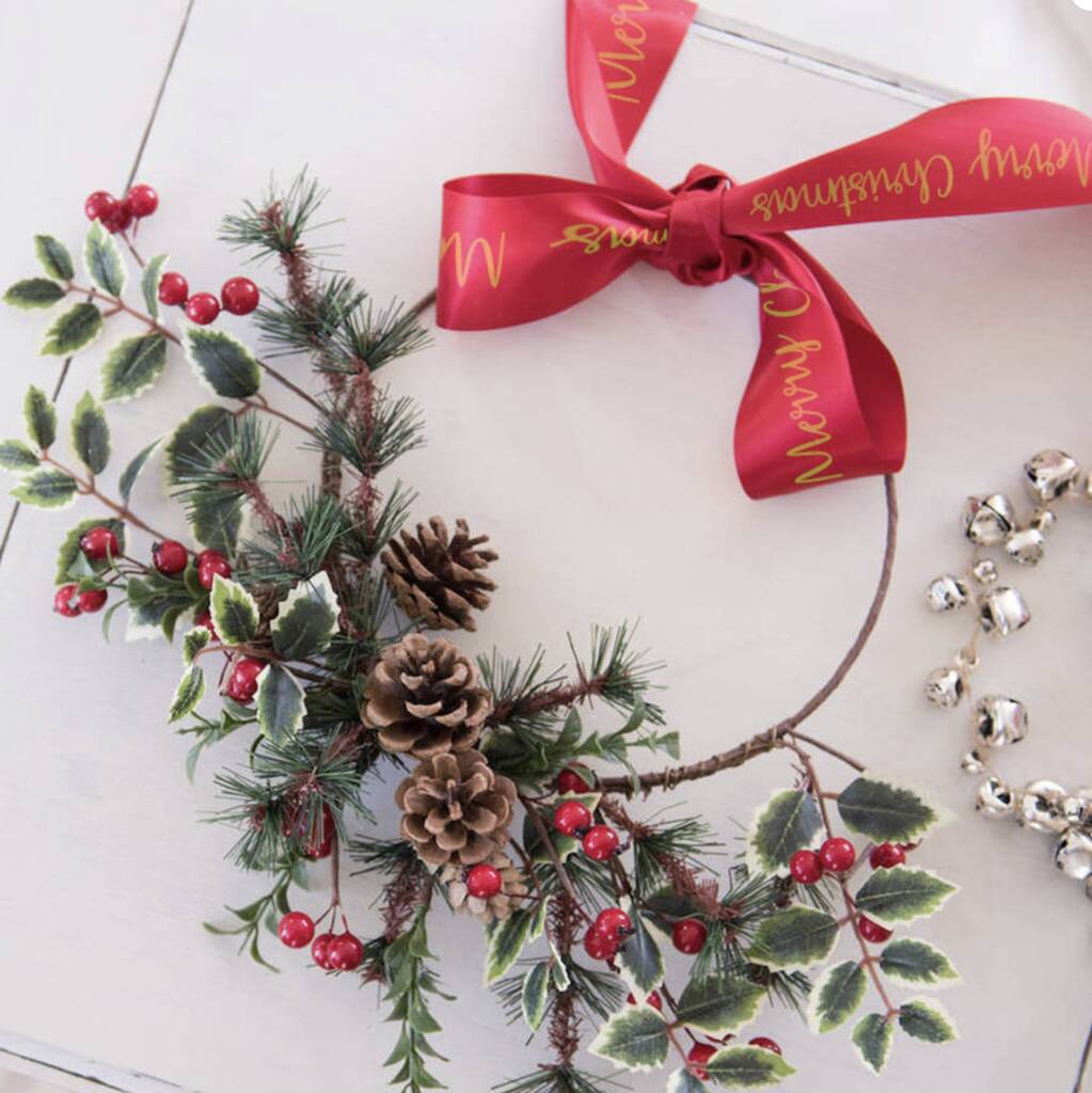 Red Berry Christmas Half Wreath With Christmas Ribbon