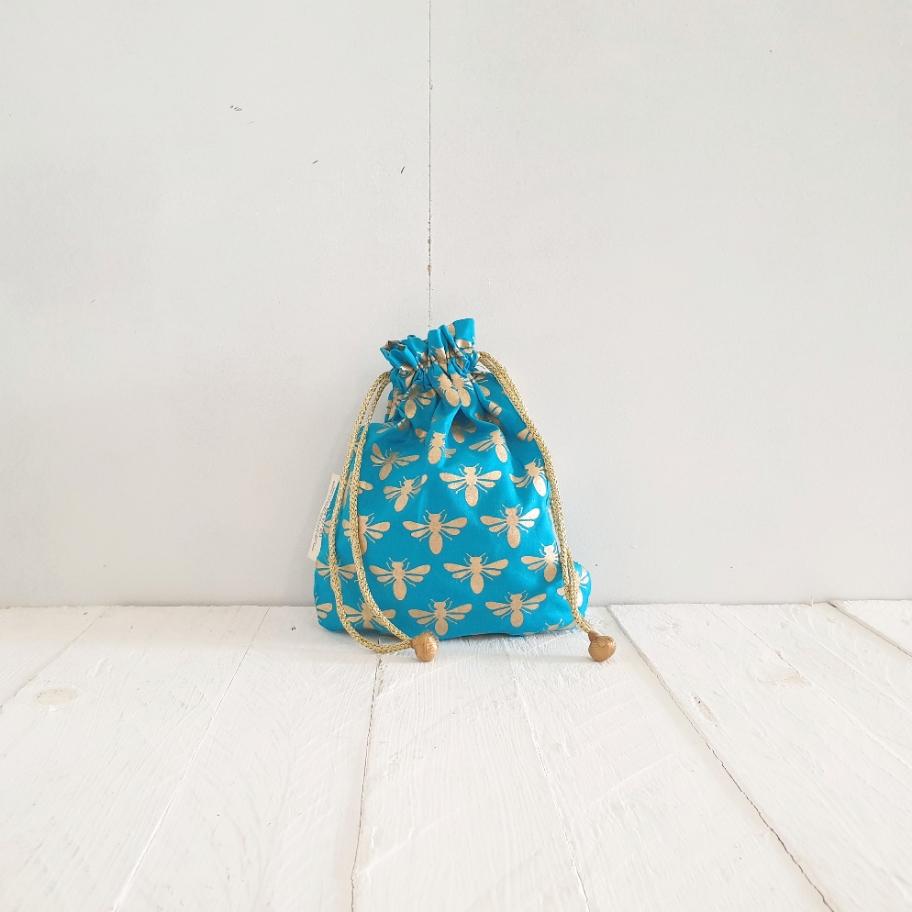 Turquoise Bee Fabric Gift Bag Small