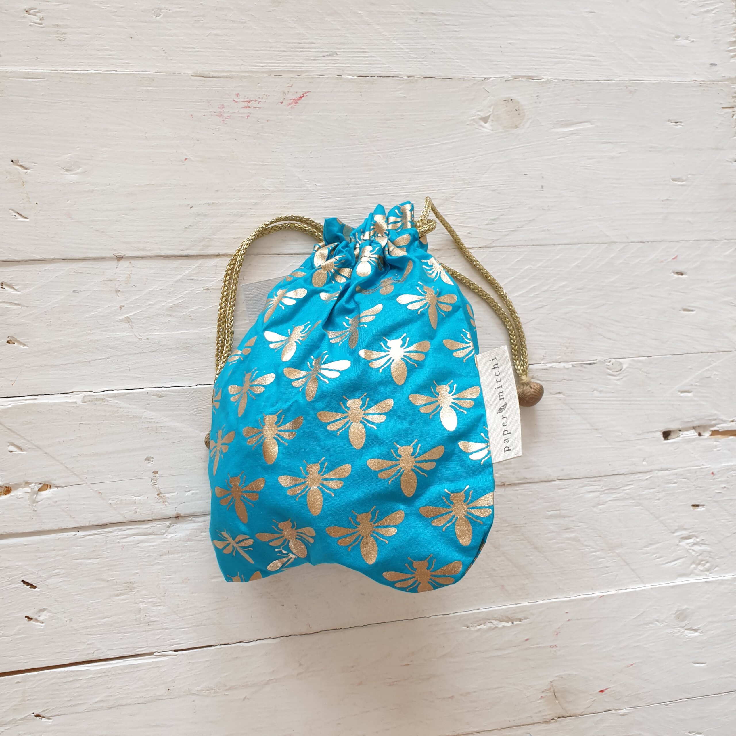 Paper Mirchi Turquoise Bee Fabric Gift Bag Med