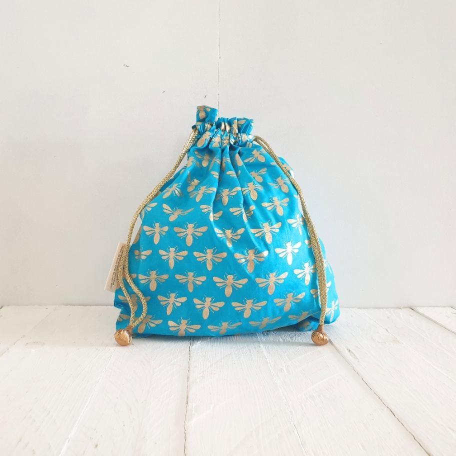 Paper Mirchi Turquoise Bee Fabric Gift Bag Lg